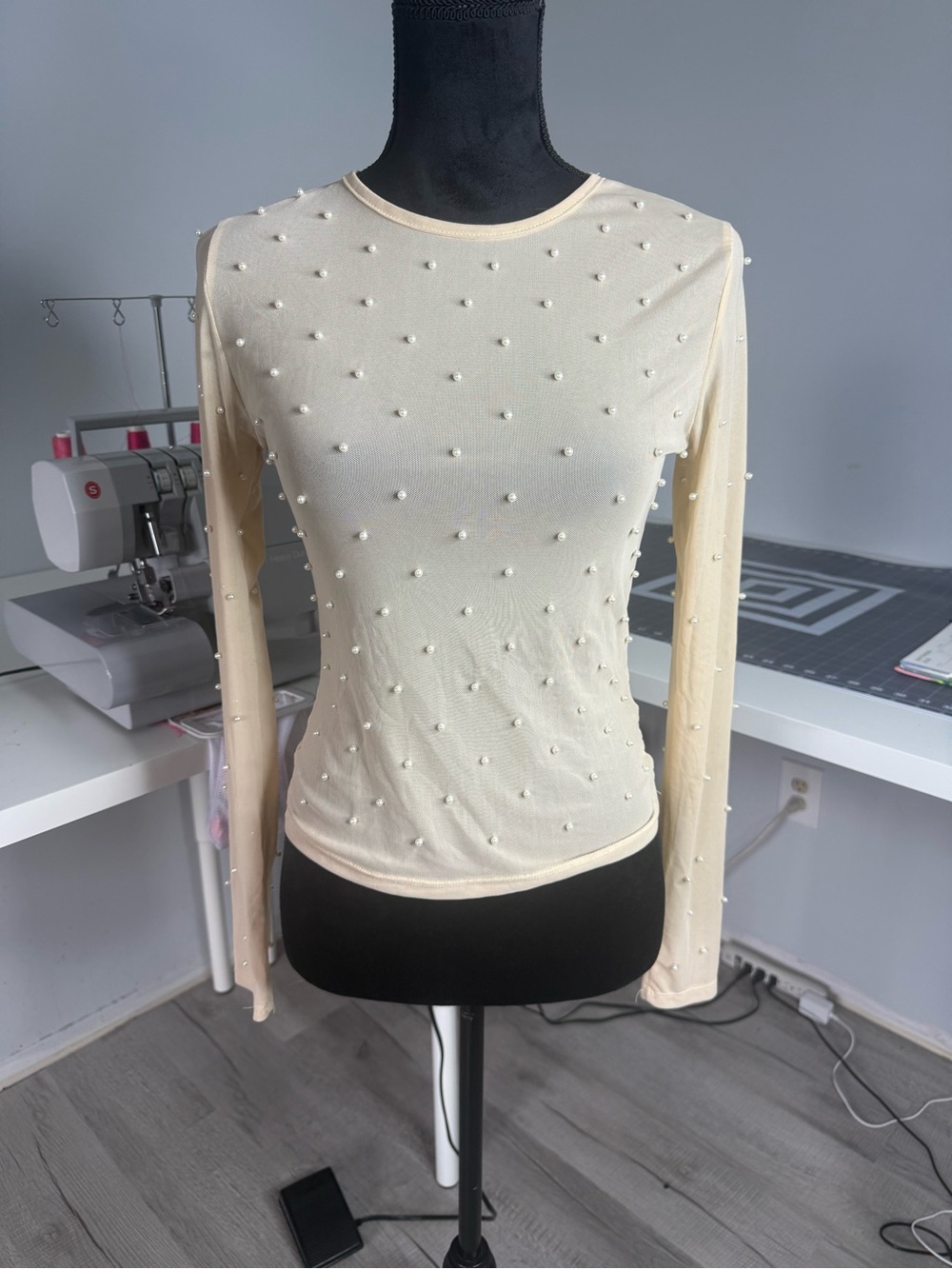 Pearl-Embellished Long Sleeve Crewneck Top - Cream